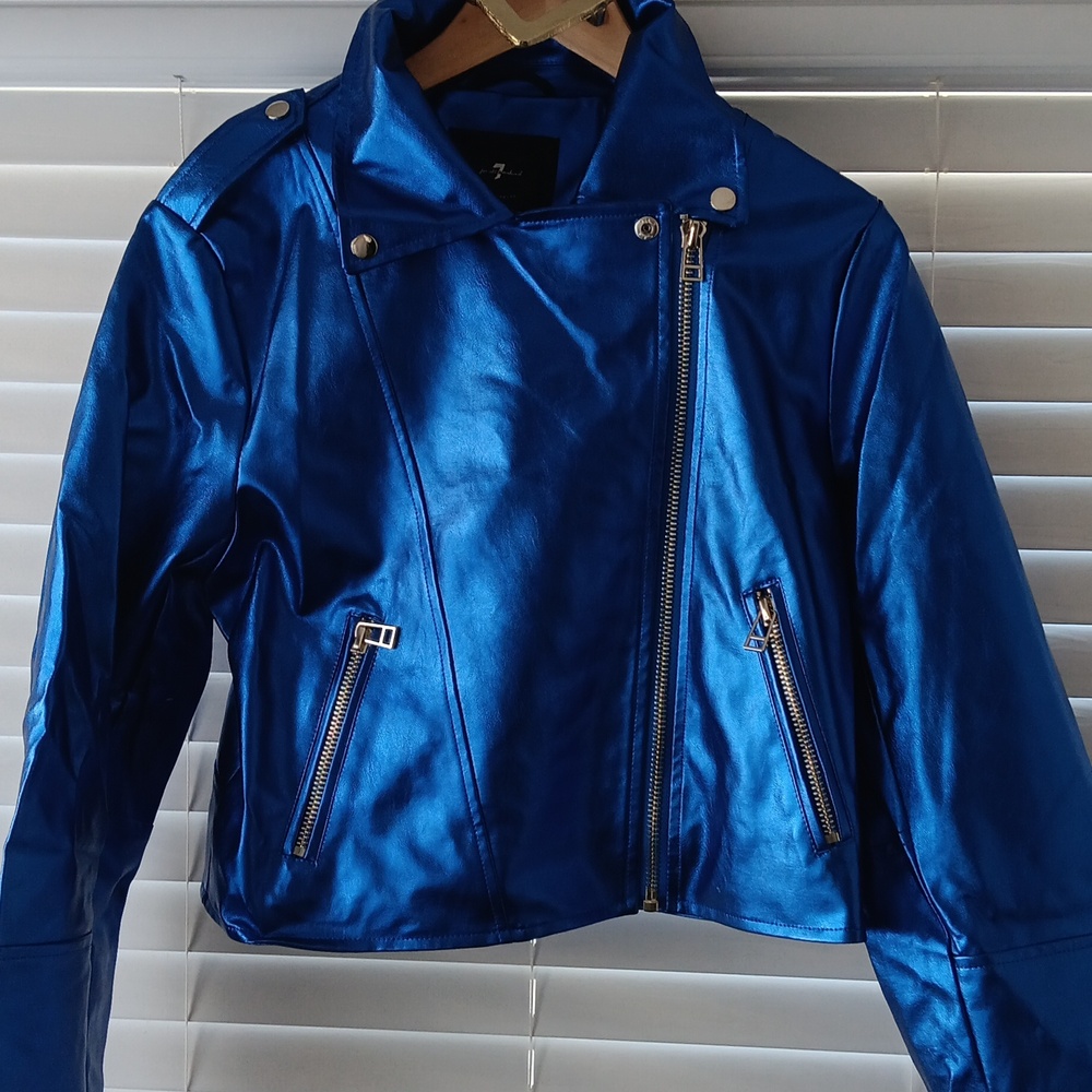 7 For All Mankind Shiny Blue Leather Jacket